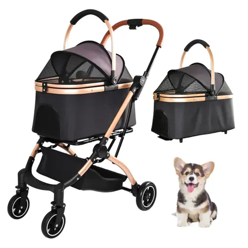 4-Wheel 2-in-1 Detachable Foldable Pet Stroller for Dogs and Cats with Quick One-Hand Fold, Storage Basket, and Detachable Carry Basket with Sun Canopy