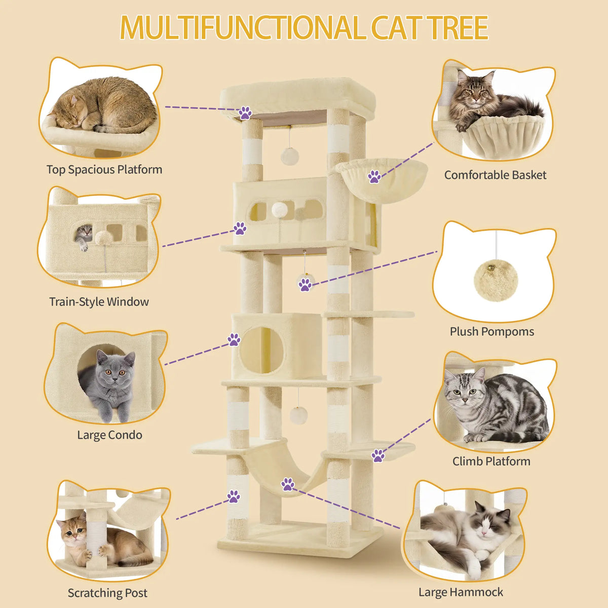 Hzuaneri Multi-Level Cat Tree Tower - Extra-Large Base Kitten Condo with Hidden Space, Vertical Sisal Scratcher Posts, Sturdy 15.4 Lbs Each Steel Tubes, Soft Plush Top Perch, Cozy Hammock, Stain Resistant