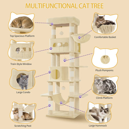 Hzuaneri Multi-Level Cat Tree Tower - Extra-Large Base Kitten Condo with Hidden Space, Vertical Sisal Scratcher Posts, Sturdy 15.4 Lbs Each Steel Tubes, Soft Plush Top Perch, Cozy Hammock, Stain Resistant
