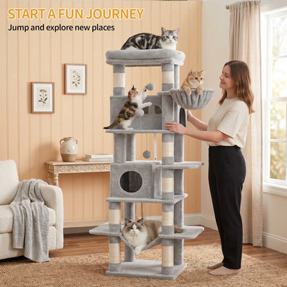 Hzuaneri Multi-Level Cat Tree Tower - Extra-Large Base Kitten Condo with Hidden Space, Vertical Sisal Scratcher Posts, Sturdy 15.4 Lbs Each Steel Tubes, Soft Plush Top Perch, Cozy Hammock, Stain Resistant