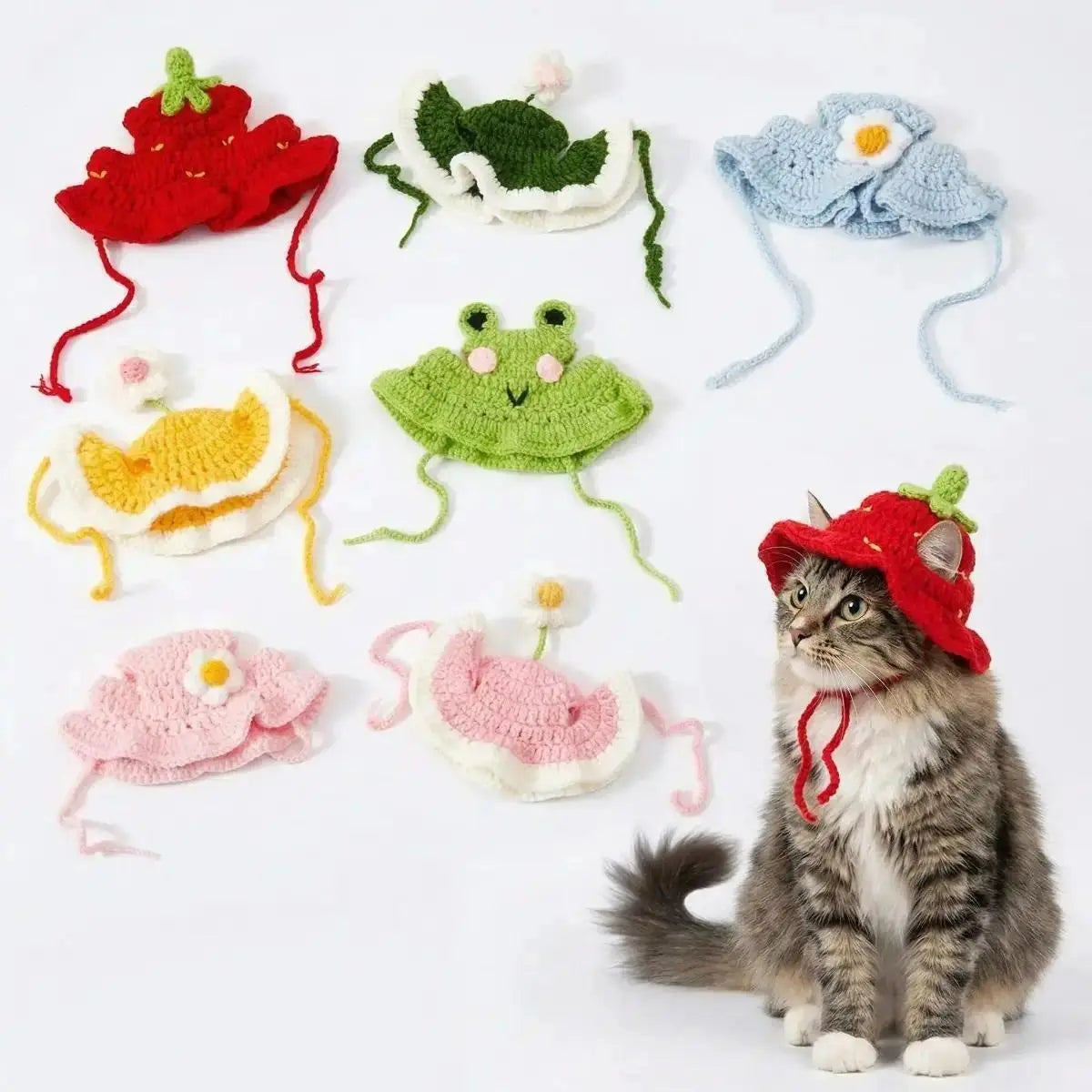 4PCS Handmade Knit Fabric Pet Headwear Set Pack - Adjustable, Soft Crochet Frog/Flower Costumes, Warmth Cover for Small Cats & Puppies, Holiday Party Cosplay Accessory