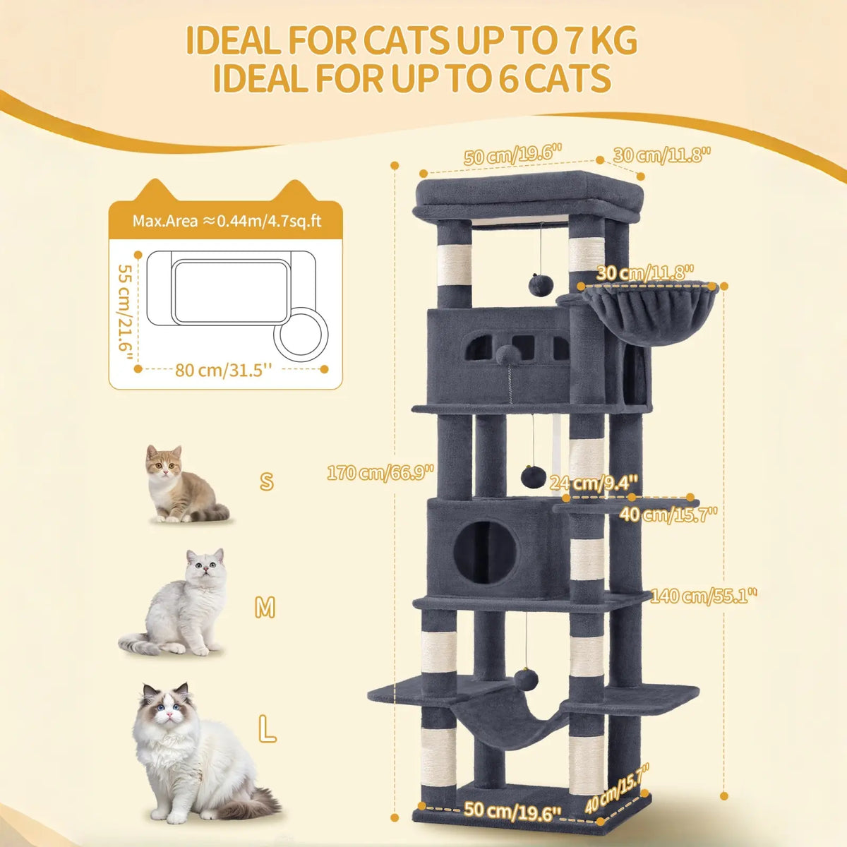 Hzuaneri Multi-Level Cat Tree Tower - Extra-Large Base Kitten Condo with Hidden Space, Vertical Sisal Scratcher Posts, Sturdy 15.4 Lbs Each Steel Tubes, Soft Plush Top Perch, Cozy Hammock, Stain Resistant