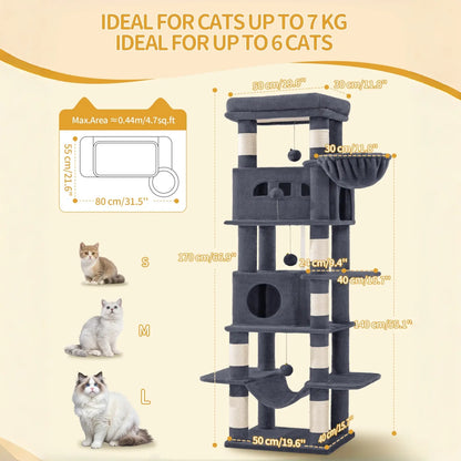 Hzuaneri Multi-Level Cat Tree Tower - Extra-Large Base Kitten Condo with Hidden Space, Vertical Sisal Scratcher Posts, Sturdy 15.4 Lbs Each Steel Tubes, Soft Plush Top Perch, Cozy Hammock, Stain Resistant