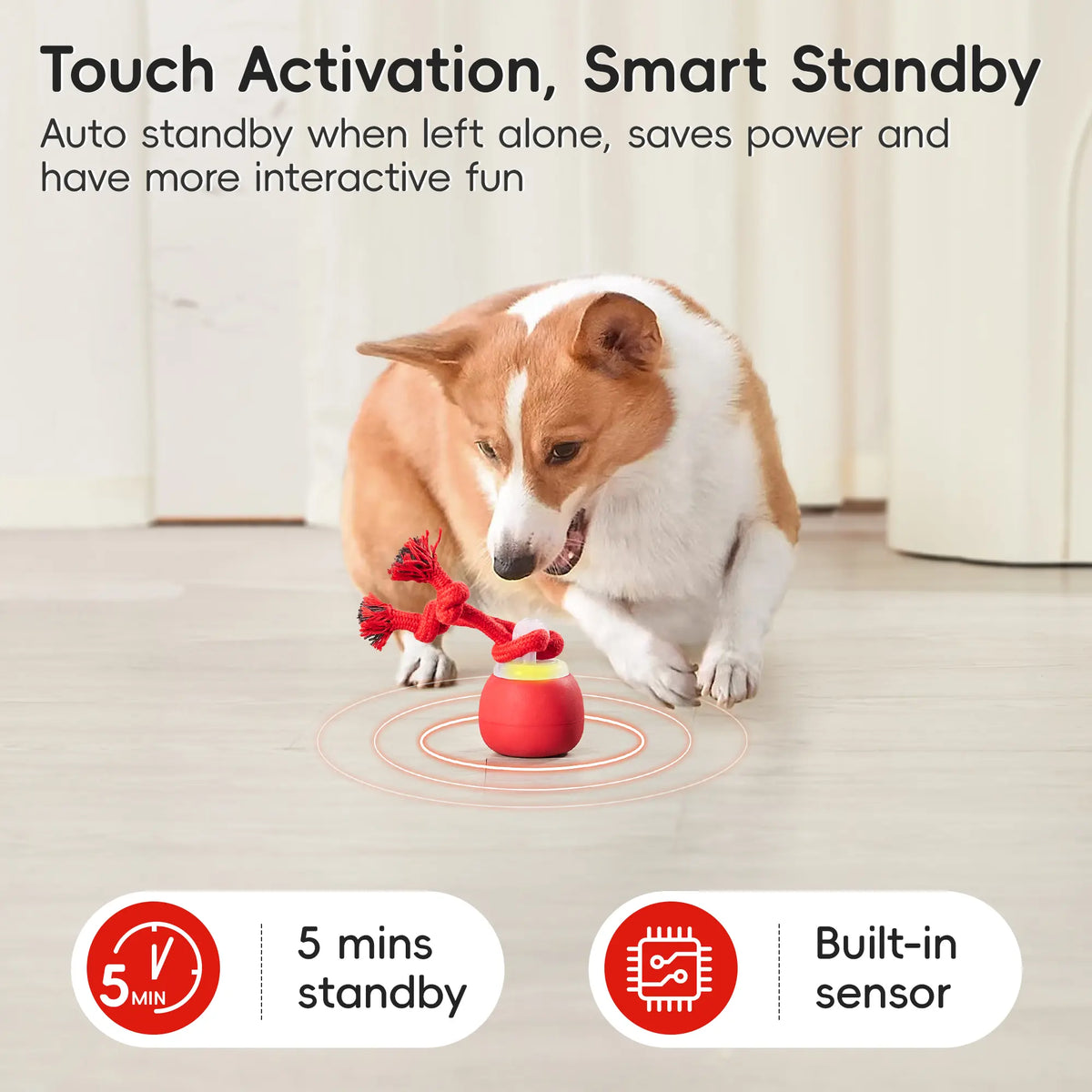 Potaroma Interactive Ball Dog Toy - Automatic Rolling, Squeaky Touch-Activated, Rechargeable Dynamic Motion Toy with Tough Rope for Small/Medium Puppies, Reduces Boredom, Dark Red Chasing Game Ready