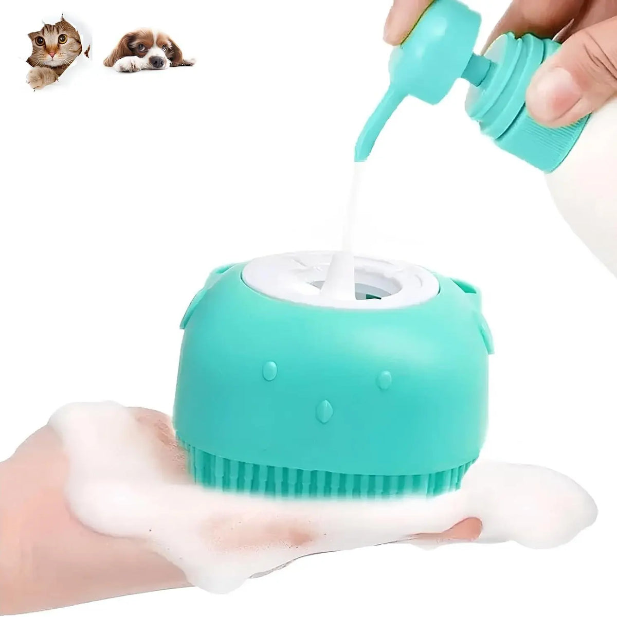 Universal Pet Bath Brush with Integrated Shampoo Reservoir - Silicone Massage Cleaning Tool for Dogs with Gentle Bristles, Ergonomic Grip Handle, Compact Design, Mess-Free Washing, and Travel-Friendly Absorbent Towel