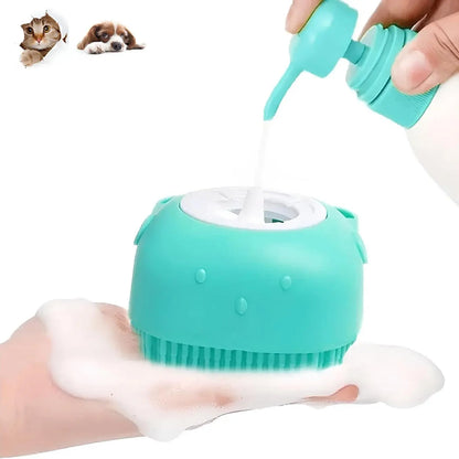 Universal Pet Bath Brush with Integrated Shampoo Reservoir - Silicone Massage Cleaning Tool for Dogs with Gentle Bristles, Ergonomic Grip Handle, Compact Design, Mess-Free Washing, and Travel-Friendly Absorbent Towel