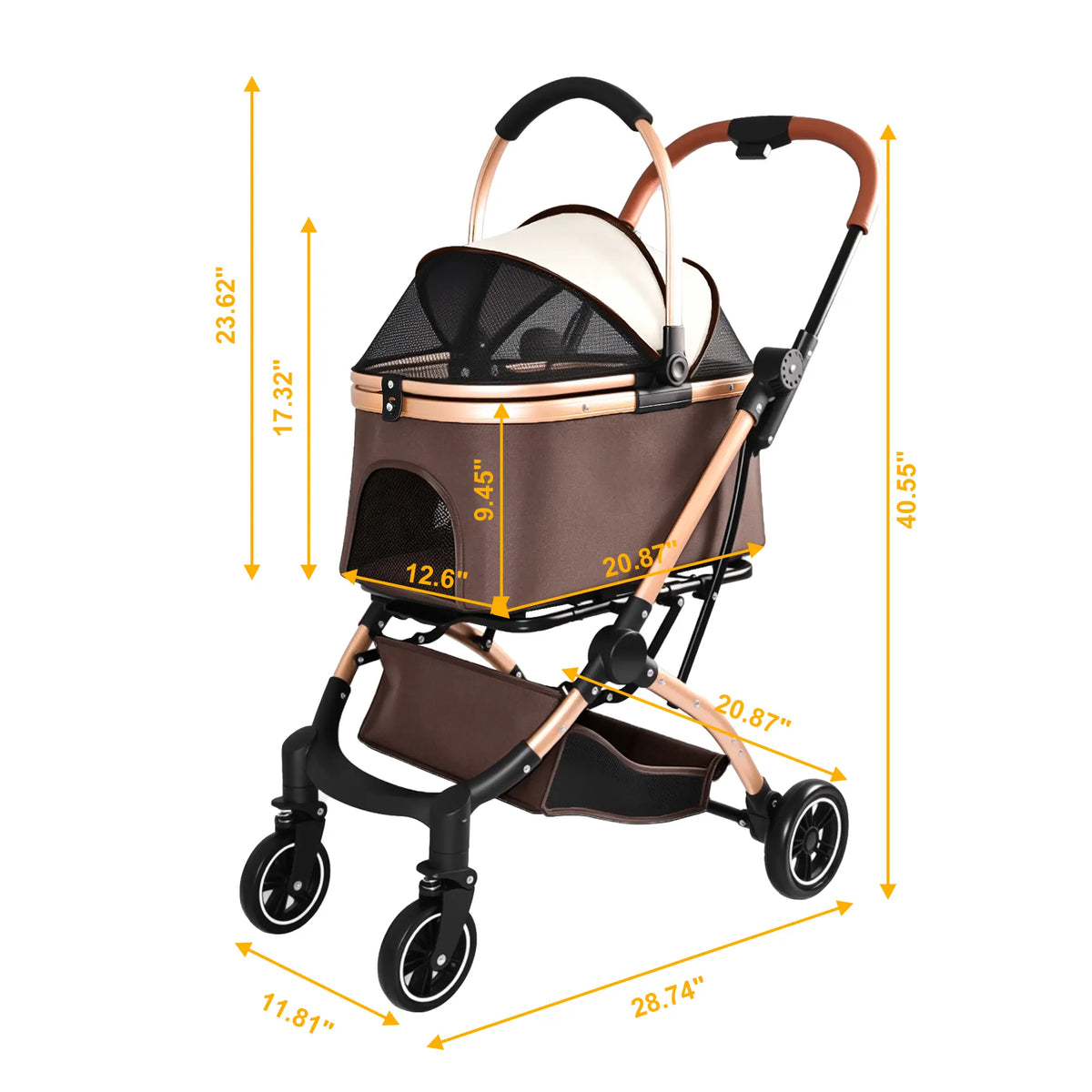 4-Wheel 2-in-1 Detachable Foldable Pet Stroller for Dogs and Cats with Quick One-Hand Fold, Storage Basket, and Detachable Carry Basket with Sun Canopy