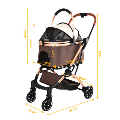 4-Wheel 2-in-1 Detachable Foldable Pet Stroller for Dogs and Cats with Quick One-Hand Fold, Storage Basket, and Detachable Carry Basket with Sun Canopy
