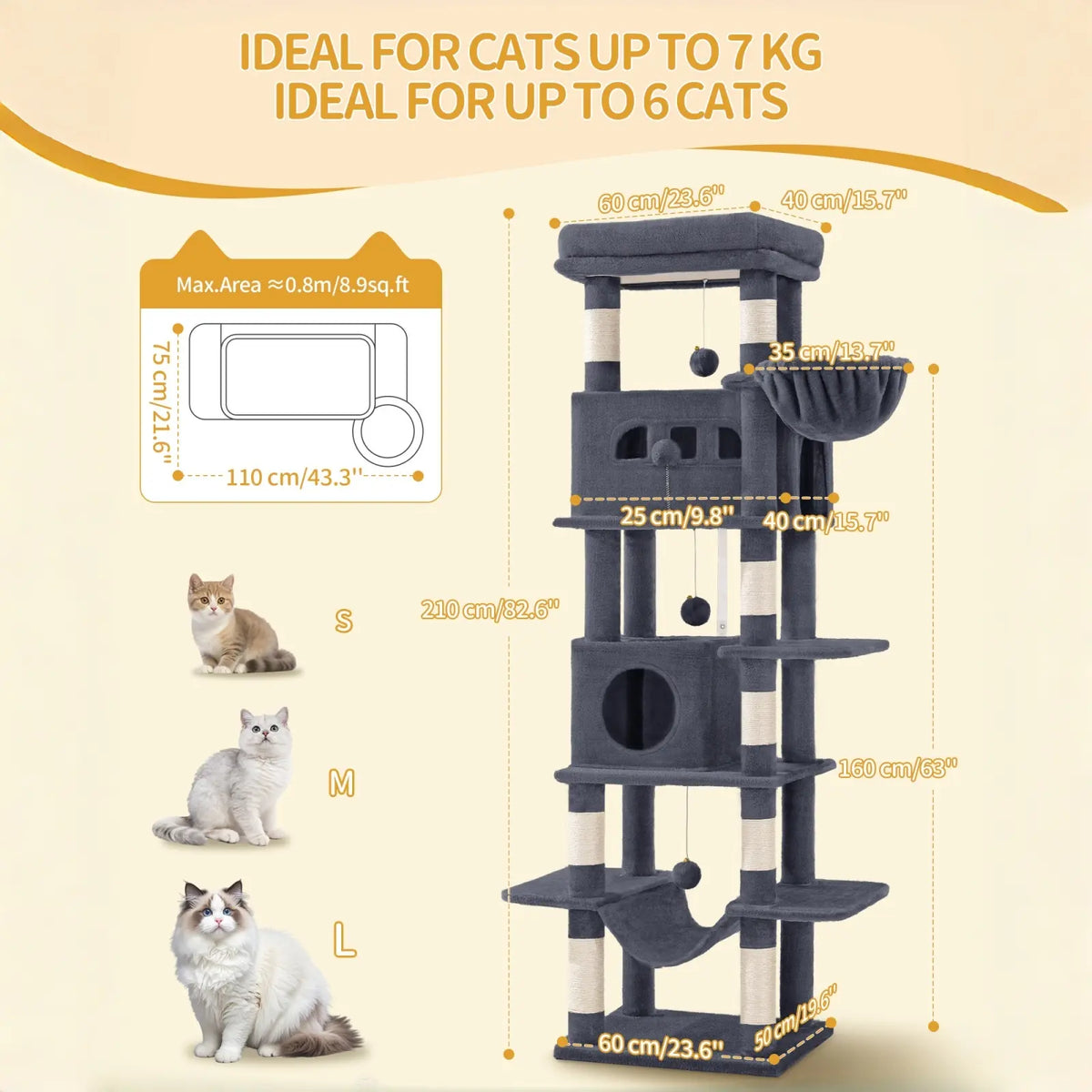 Hzuaneri Multi-Level Cat Tree Tower - Extra-Large Base Kitten Condo with Hidden Space, Vertical Sisal Scratcher Posts, Sturdy 15.4 Lbs Each Steel Tubes, Soft Plush Top Perch, Cozy Hammock, Stain Resistant