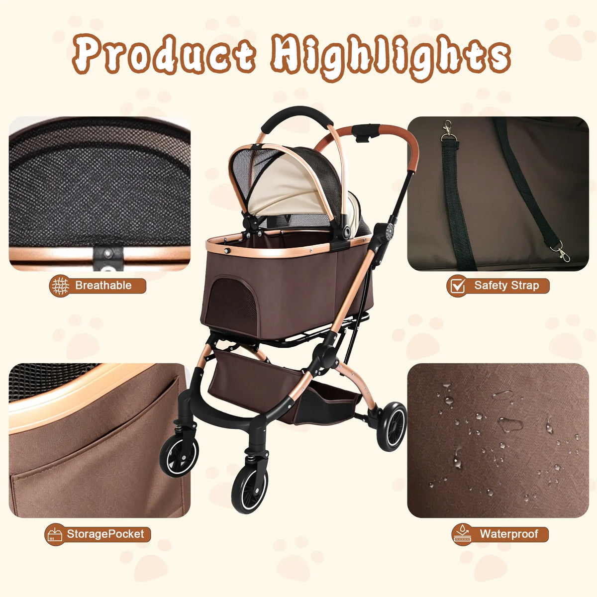 4-Wheel 2-in-1 Detachable Foldable Pet Stroller for Dogs and Cats with Quick One-Hand Fold, Storage Basket, and Detachable Carry Basket with Sun Canopy