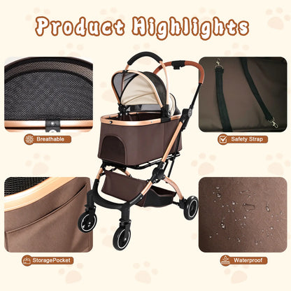 4-Wheel 2-in-1 Detachable Foldable Pet Stroller for Dogs and Cats with Quick One-Hand Fold, Storage Basket, and Detachable Carry Basket with Sun Canopy