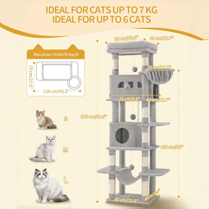 Hzuaneri Multi-Level Cat Tree Tower - Extra-Large Base Kitten Condo with Hidden Space, Vertical Sisal Scratcher Posts, Sturdy 15.4 Lbs Each Steel Tubes, Soft Plush Top Perch, Cozy Hammock, Stain Resistant