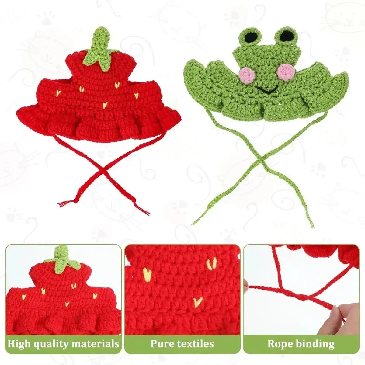 4PCS Handmade Knit Fabric Pet Headwear Set Pack - Adjustable, Soft Crochet Frog/Flower Costumes, Warmth Cover for Small Cats & Puppies, Holiday Party Cosplay Accessory