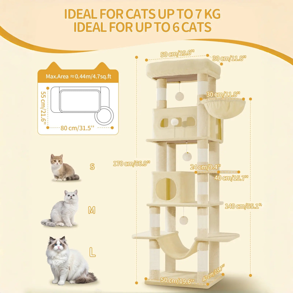 Hzuaneri Multi-Level Cat Tree Tower - Extra-Large Base Kitten Condo with Hidden Space, Vertical Sisal Scratcher Posts, Sturdy 15.4 Lbs Each Steel Tubes, Soft Plush Top Perch, Cozy Hammock, Stain Resistant