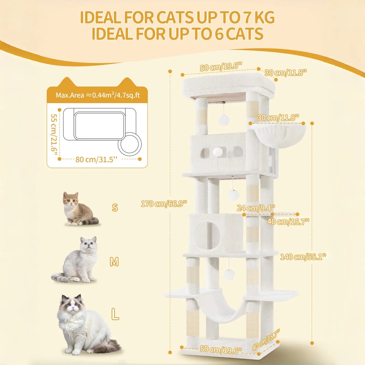 Hzuaneri Multi-Level Cat Tree Tower - Extra-Large Base Kitten Condo with Hidden Space, Vertical Sisal Scratcher Posts, Sturdy 15.4 Lbs Each Steel Tubes, Soft Plush Top Perch, Cozy Hammock, Stain Resistant
