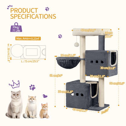 Hzuaneri Multi-Level Cat Tree Tower - Extra-Large Base Kitten Condo with Hidden Space, Vertical Sisal Scratcher Posts, Sturdy 15.4 Lbs Each Steel Tubes, Soft Plush Top Perch, Cozy Hammock, Stain Resistant