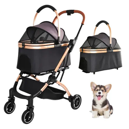 4-Wheel 2-in-1 Detachable Foldable Pet Stroller for Dogs and Cats with Quick One-Hand Fold, Storage Basket, and Detachable Carry Basket with Sun Canopy