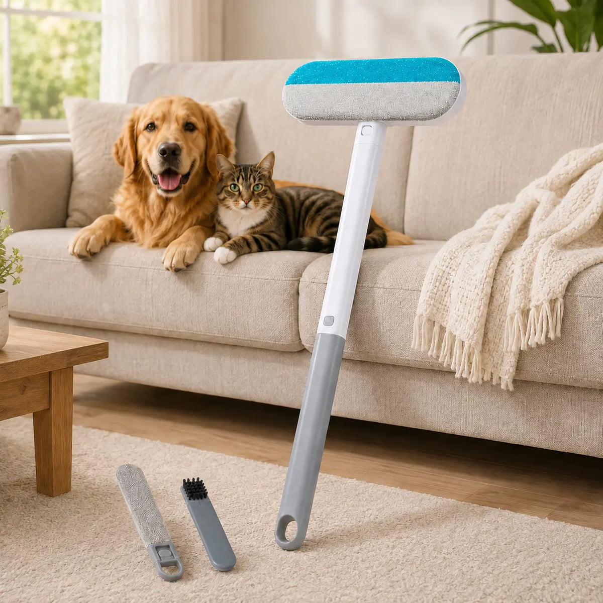 4-In-1 Reusable Pet Hair Remover Brush - Long Handle, Detail Brushes, Flexible Bristles, Reusable Pads, Deshedding & Fur Removal Tool for Multi-Surface Sofas, Rugs, Bedding