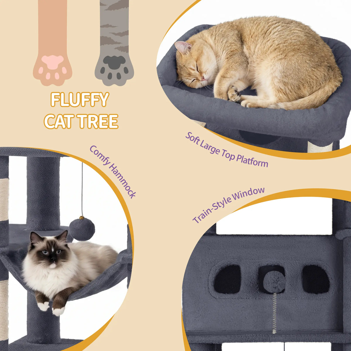 Hzuaneri Multi-Level Cat Tree Tower - Extra-Large Base Kitten Condo with Hidden Space, Vertical Sisal Scratcher Posts, Sturdy 15.4 Lbs Each Steel Tubes, Soft Plush Top Perch, Cozy Hammock, Stain Resistant