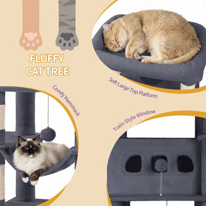Hzuaneri Multi-Level Cat Tree Tower - Extra-Large Base Kitten Condo with Hidden Space, Vertical Sisal Scratcher Posts, Sturdy 15.4 Lbs Each Steel Tubes, Soft Plush Top Perch, Cozy Hammock, Stain Resistant