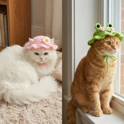 4PCS Handmade Knit Fabric Pet Headwear Set Pack - Adjustable, Soft Crochet Frog/Flower Costumes, Warmth Cover for Small Cats & Puppies, Holiday Party Cosplay Accessory