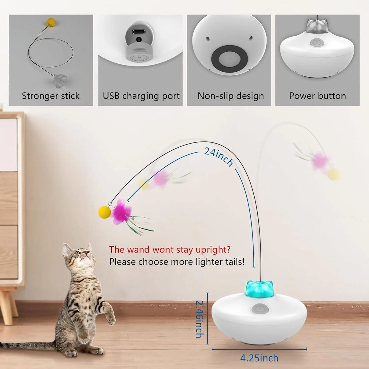 Oxawo Metal Rechargeable Interactive Cat Tumbler Toy - 24-Inch Exercise Device Featuring Tumbler Design, Spin Butterfly Game, Customizable Tails, and Extra-Long Feather Wand for Indoor Play (P33)