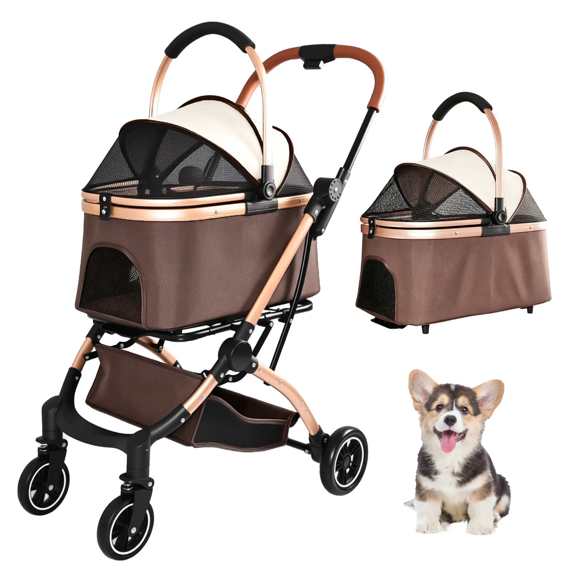 4-Wheel 2-in-1 Detachable Foldable Pet Stroller for Dogs and Cats with Quick One-Hand Fold, Storage Basket, and Detachable Carry Basket with Sun Canopy