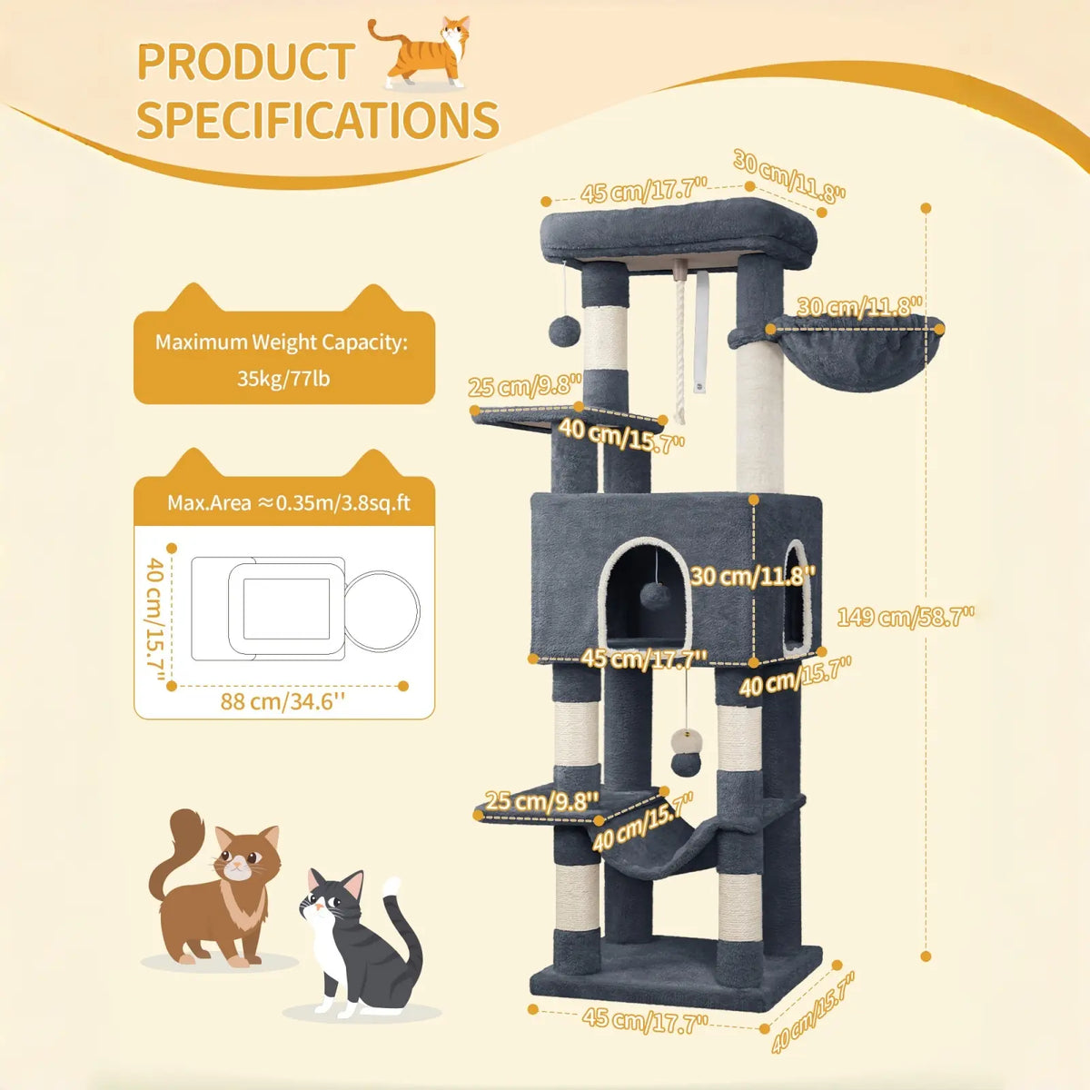 Hzuaneri Multi-Level Cat Tree Tower - Extra-Large Base Kitten Condo with Hidden Space, Vertical Sisal Scratcher Posts, Sturdy 15.4 Lbs Each Steel Tubes, Soft Plush Top Perch, Cozy Hammock, Stain Resistant