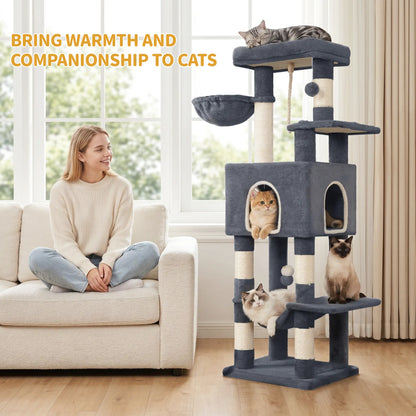 Hzuaneri Multi-Level Cat Tree Tower - Extra-Large Base Kitten Condo with Hidden Space, Vertical Sisal Scratcher Posts, Sturdy 15.4 Lbs Each Steel Tubes, Soft Plush Top Perch, Cozy Hammock, Stain Resistant