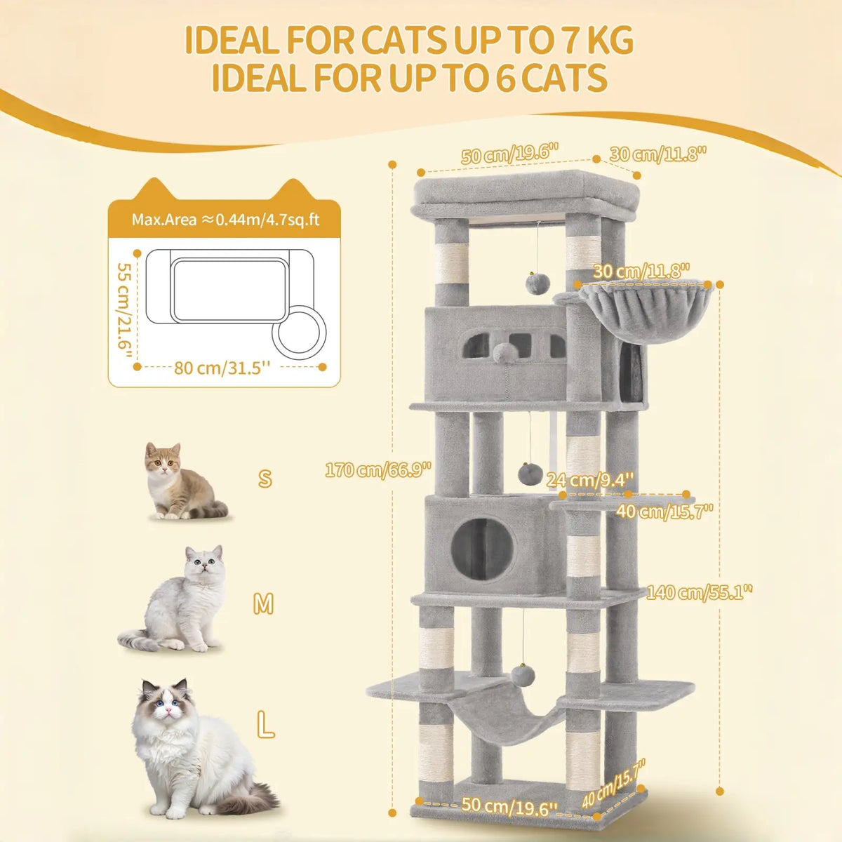 Hzuaneri Multi-Level Cat Tree Tower - Extra-Large Base Kitten Condo with Hidden Space, Vertical Sisal Scratcher Posts, Sturdy 15.4 Lbs Each Steel Tubes, Soft Plush Top Perch, Cozy Hammock, Stain Resistant