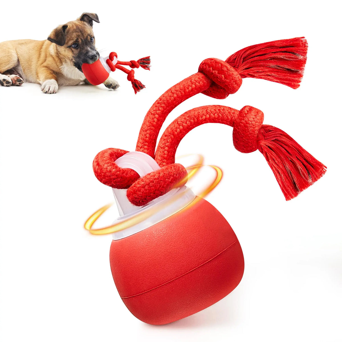 Potaroma Interactive Ball Dog Toy - Automatic Rolling, Squeaky Touch-Activated, Rechargeable Dynamic Motion Toy with Tough Rope for Small/Medium Puppies, Reduces Boredom, Dark Red Chasing Game Ready