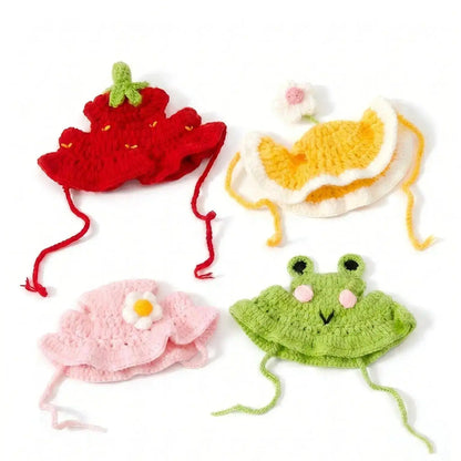 4PCS Handmade Knit Fabric Pet Headwear Set Pack - Adjustable, Soft Crochet Frog/Flower Costumes, Warmth Cover for Small Cats & Puppies, Holiday Party Cosplay Accessory
