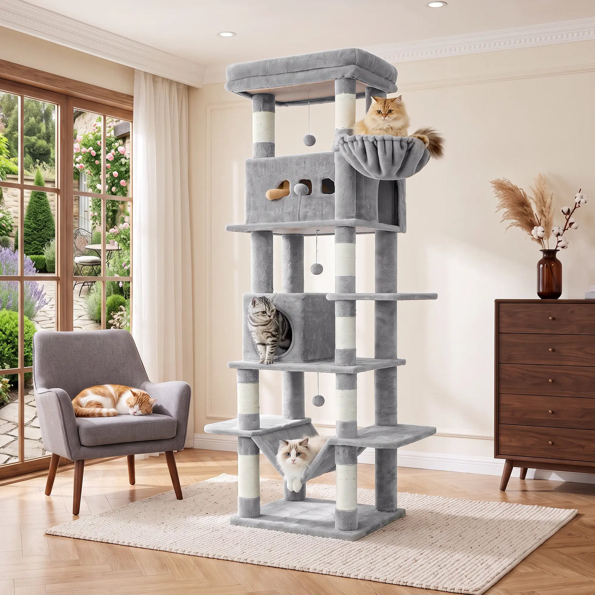 Hzuaneri Multi-Level Cat Tree Tower - Extra-Large Base Kitten Condo with Hidden Space, Vertical Sisal Scratcher Posts, Sturdy 15.4 Lbs Each Steel Tubes, Soft Plush Top Perch, Cozy Hammock, Stain Resistant