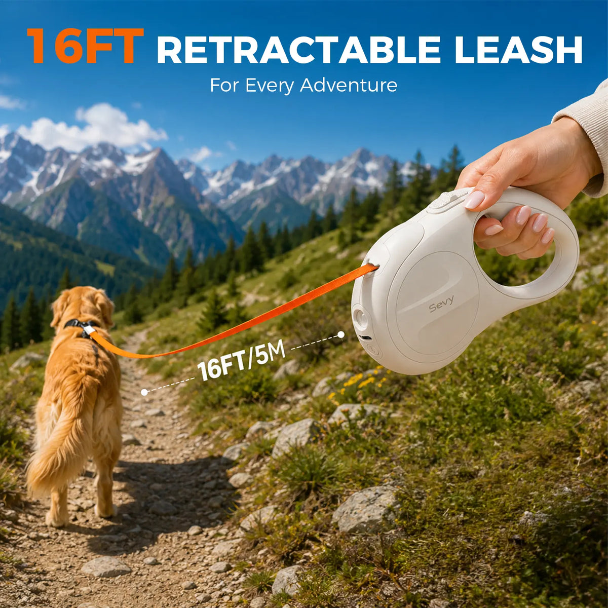 Sevy Glowie LED Light Retractable Dog Leash - 16FT Tangle-Free Nylon Leash with 360° Rotation, 1-Hand Brake-Lock, Anti-Slip Handle, Jumping Harness Compatibility, Adjustable Sensitivity Leather Collar for Small-Medium Dogs up to 66 Lbs, Leashes