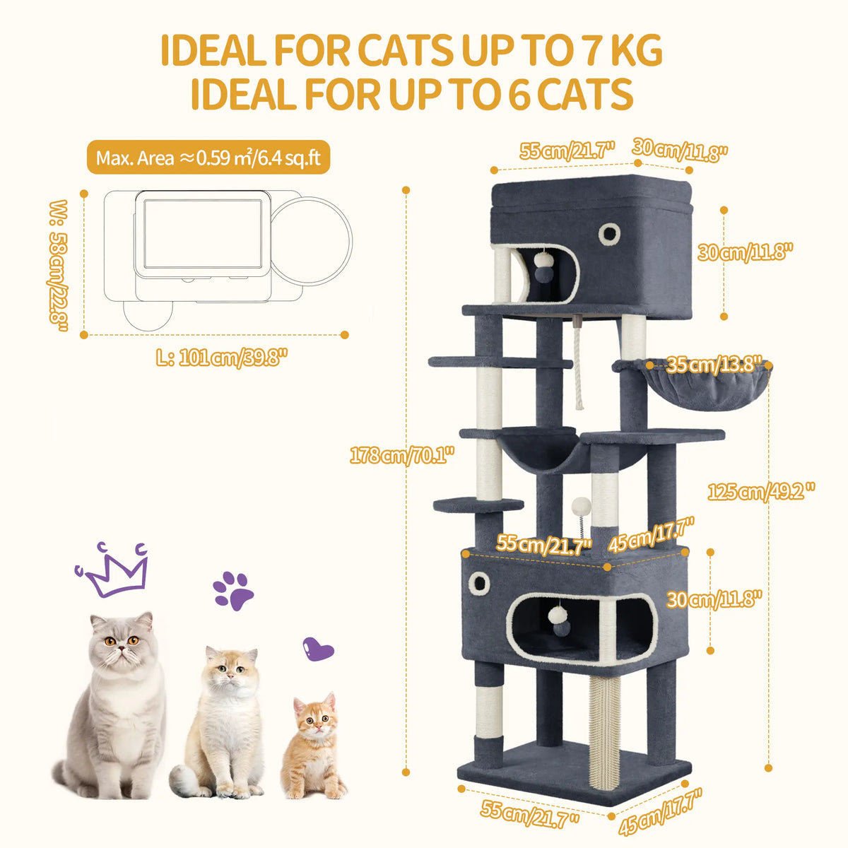Hzuaneri Multi-Level Cat Tree Tower - Extra-Large Base Kitten Condo with Hidden Space, Vertical Sisal Scratcher Posts, Sturdy 15.4 Lbs Each Steel Tubes, Soft Plush Top Perch, Cozy Hammock, Stain Resistant