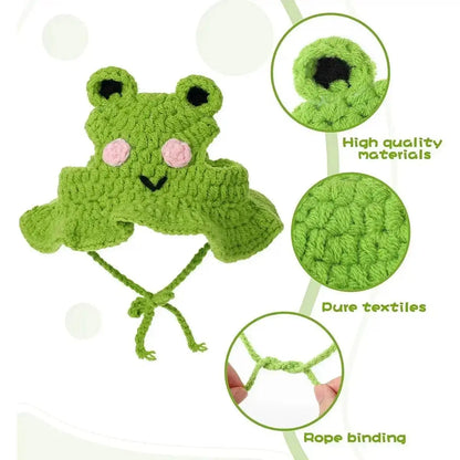 4PCS Handmade Knit Fabric Pet Headwear Set Pack - Adjustable, Soft Crochet Frog/Flower Costumes, Warmth Cover for Small Cats & Puppies, Holiday Party Cosplay Accessory
