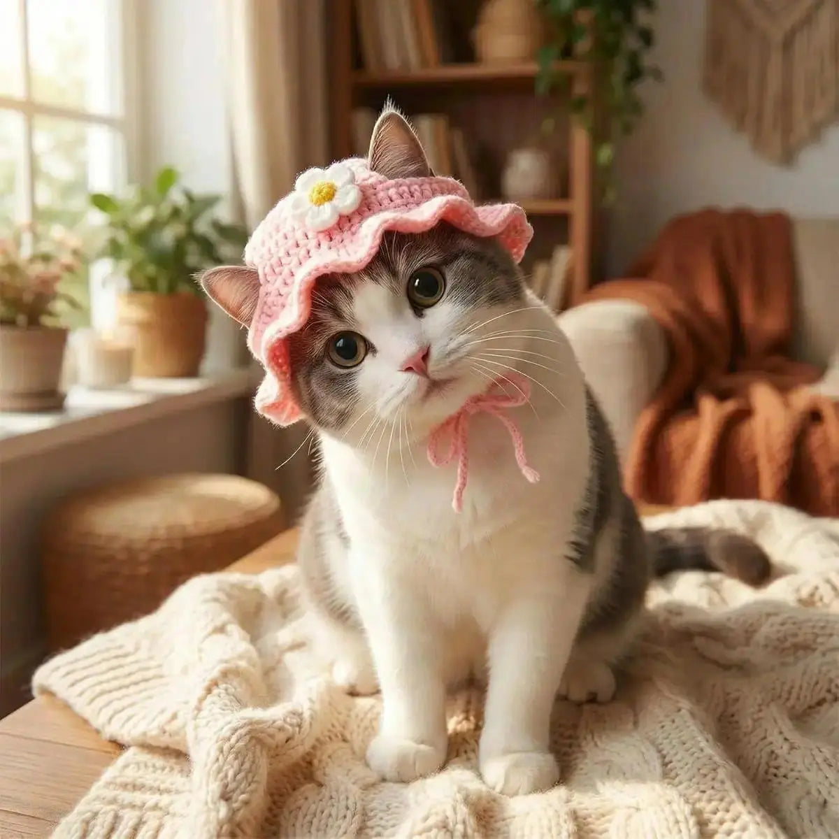 4PCS Handmade Knit Fabric Pet Headwear Set Pack - Adjustable, Soft Crochet Frog/Flower Costumes, Warmth Cover for Small Cats & Puppies, Holiday Party Cosplay Accessory