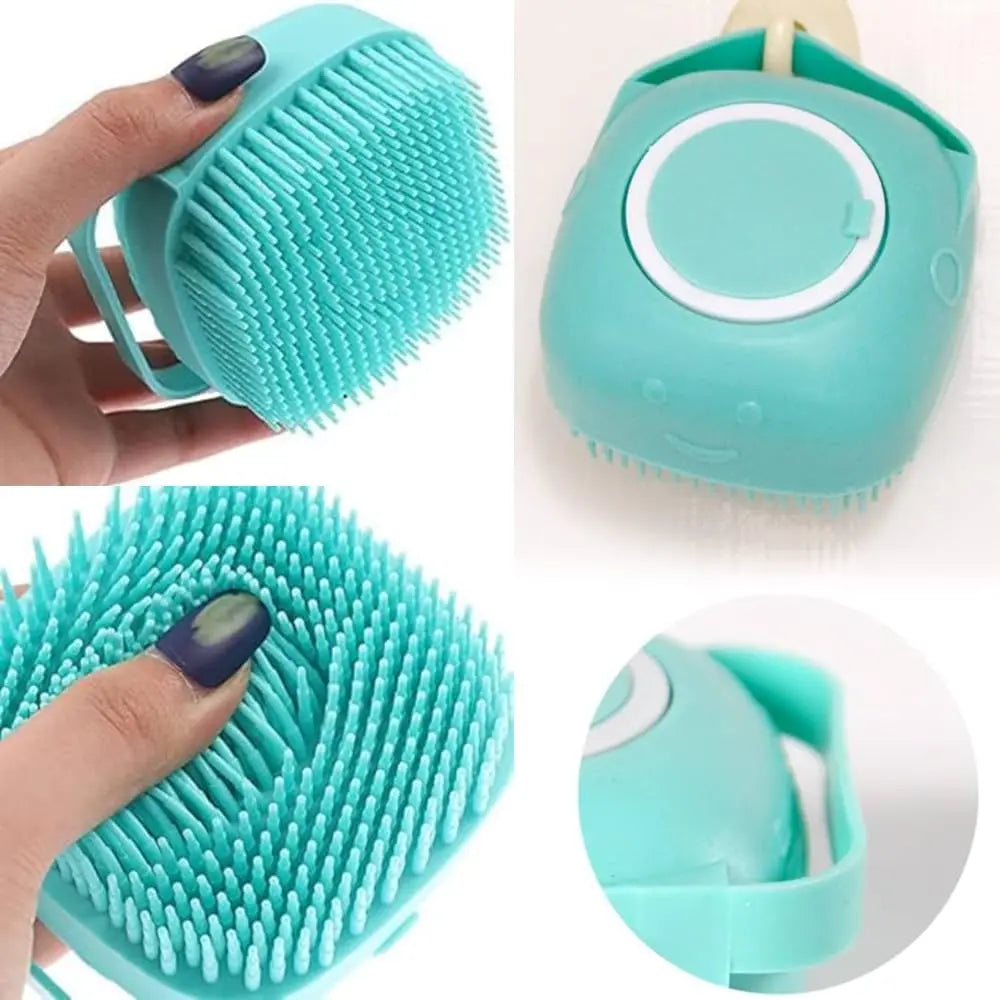 Universal Pet Bath Brush with Integrated Shampoo Reservoir - Silicone Massage Cleaning Tool for Dogs with Gentle Bristles, Ergonomic Grip Handle, Compact Design, Mess-Free Washing, and Travel-Friendly Absorbent Towel