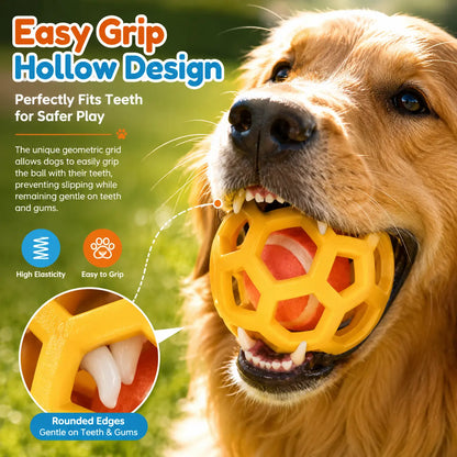 3-Pack Soft TPR Rubber Hollow Grid Dog Ball Toys - Double-Layer Design with Integrated Tennis Ball, 9cm Floating Fetch Toy for Anxiety Relief and Dental Care, Ideal for Small to Medium Dogs (Indoor and Outdoor Use)