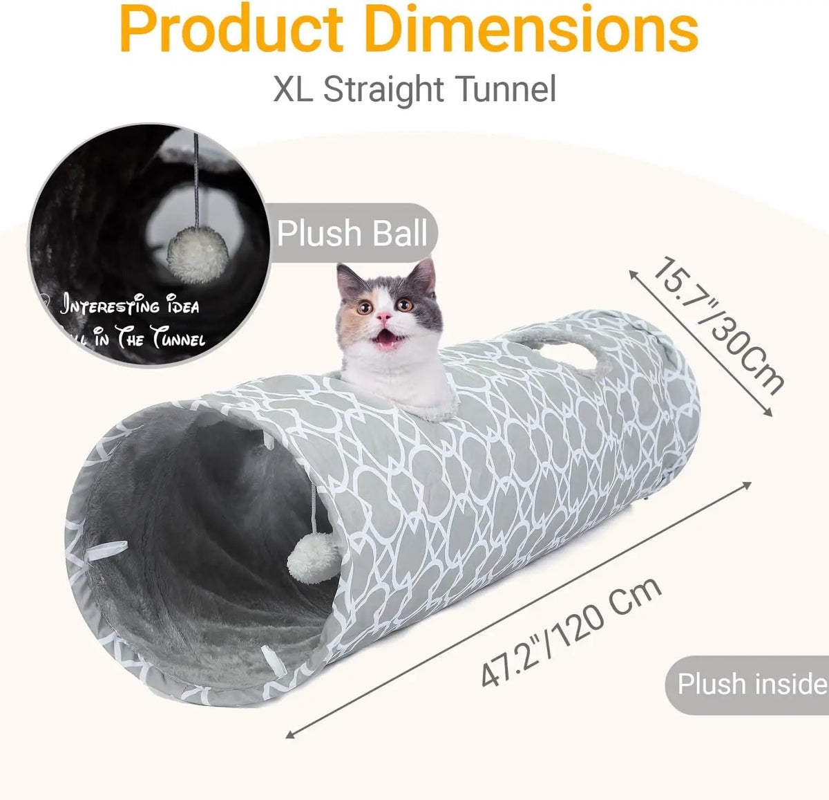 Geometric Straight Cat Tunnel with Plush Inside,Cats Toys Collapsible Tunnel Tube with Balls, for Rabbits, Kittens, Ferrets,Puppy and Dogs,Diameter 11.8 Inch