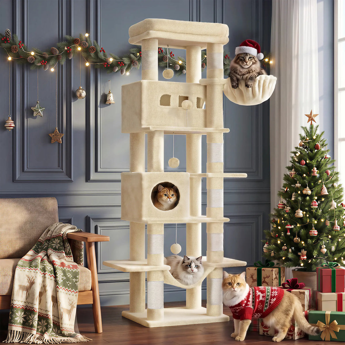 Hzuaneri Multi-Level Cat Tree Tower - Extra-Large Base Kitten Condo with Hidden Space, Vertical Sisal Scratcher Posts, Sturdy 15.4 Lbs Each Steel Tubes, Soft Plush Top Perch, Cozy Hammock, Stain Resistant