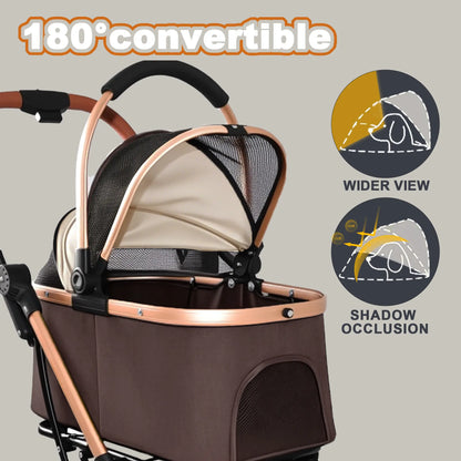 4-Wheel 2-in-1 Detachable Foldable Pet Stroller for Dogs and Cats with Quick One-Hand Fold, Storage Basket, and Detachable Carry Basket with Sun Canopy