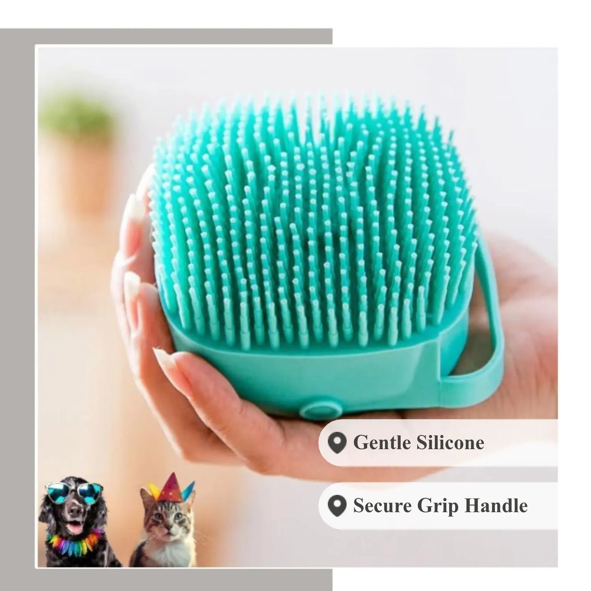 Universal Pet Bath Brush with Integrated Shampoo Reservoir - Silicone Massage Cleaning Tool for Dogs with Gentle Bristles, Ergonomic Grip Handle, Compact Design, Mess-Free Washing, and Travel-Friendly Absorbent Towel