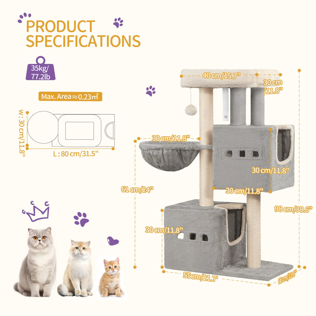 Hzuaneri Multi-Level Cat Tree Tower - Extra-Large Base Kitten Condo with Hidden Space, Vertical Sisal Scratcher Posts, Sturdy 15.4 Lbs Each Steel Tubes, Soft Plush Top Perch, Cozy Hammock, Stain Resistant