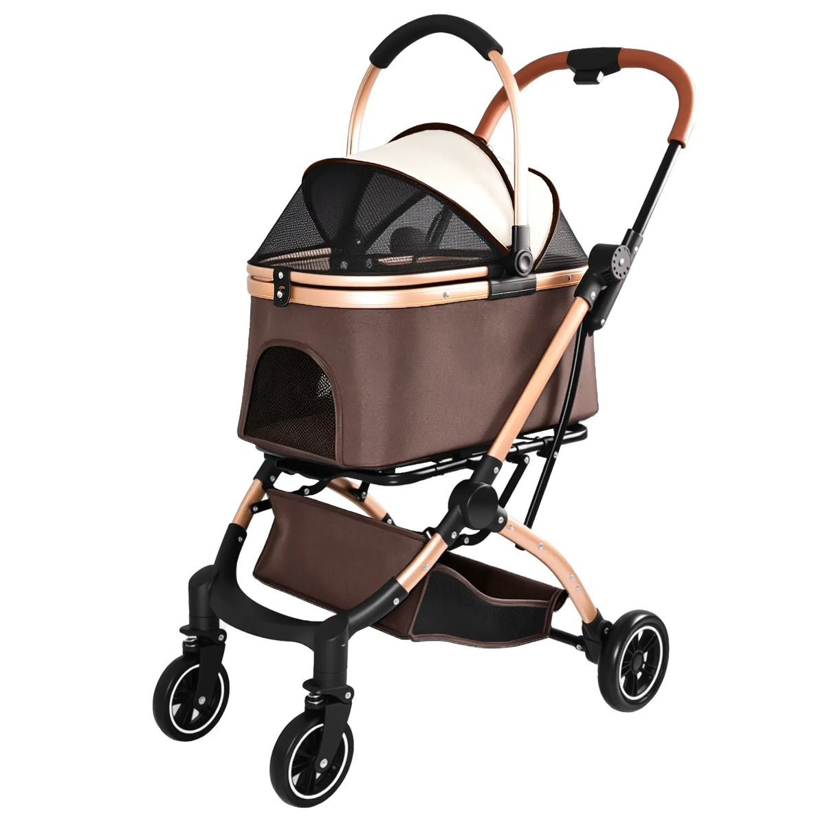 4-Wheel 2-in-1 Detachable Foldable Pet Stroller for Dogs and Cats with Quick One-Hand Fold, Storage Basket, and Detachable Carry Basket with Sun Canopy