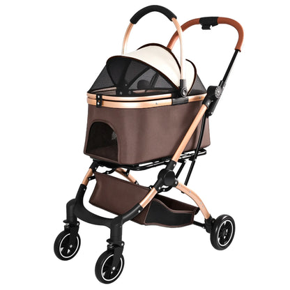 4-Wheel 2-in-1 Detachable Foldable Pet Stroller for Dogs and Cats with Quick One-Hand Fold, Storage Basket, and Detachable Carry Basket with Sun Canopy