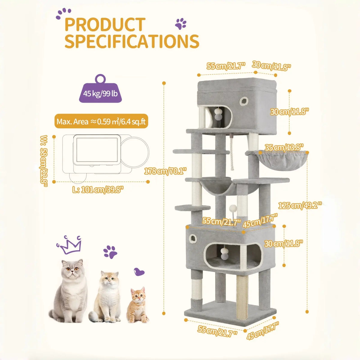 Hzuaneri Multi-Level Cat Tree Tower - Extra-Large Base Kitten Condo with Hidden Space, Vertical Sisal Scratcher Posts, Sturdy 15.4 Lbs Each Steel Tubes, Soft Plush Top Perch, Cozy Hammock, Stain Resistant