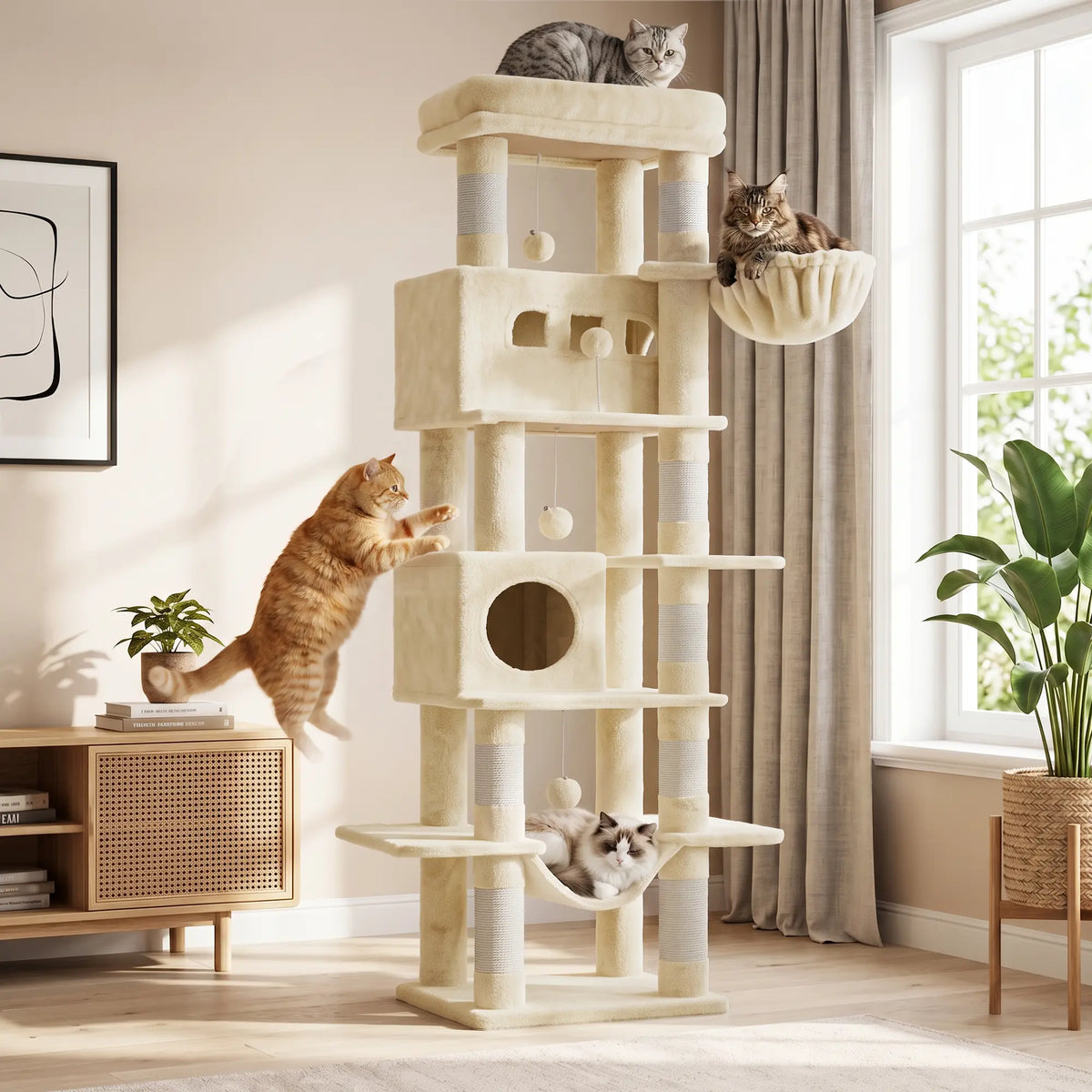 Hzuaneri Multi-Level Cat Tree Tower - Extra-Large Base Kitten Condo with Hidden Space, Vertical Sisal Scratcher Posts, Sturdy 15.4 Lbs Each Steel Tubes, Soft Plush Top Perch, Cozy Hammock, Stain Resistant