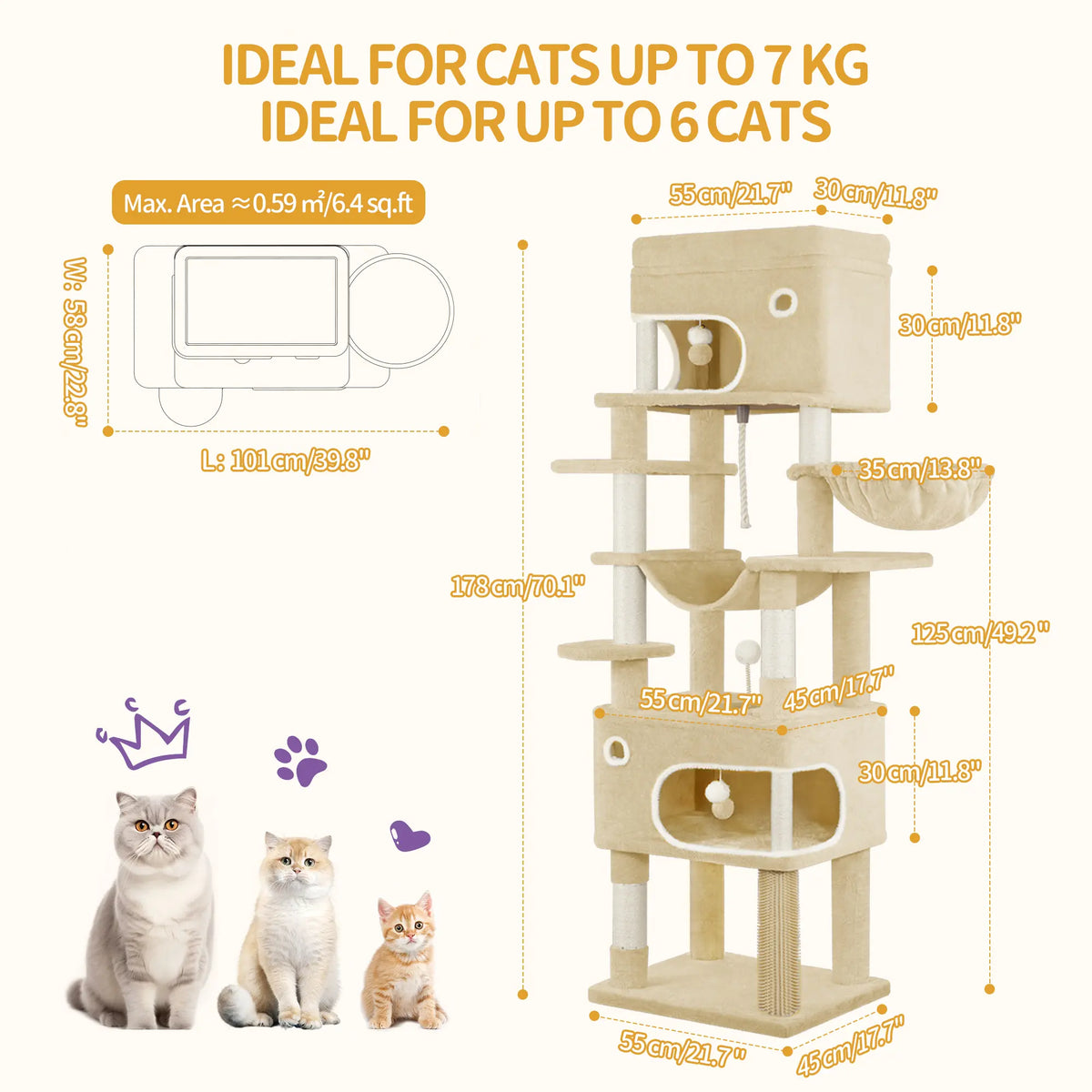 Hzuaneri Multi-Level Cat Tree Tower - Extra-Large Base Kitten Condo with Hidden Space, Vertical Sisal Scratcher Posts, Sturdy 15.4 Lbs Each Steel Tubes, Soft Plush Top Perch, Cozy Hammock, Stain Resistant