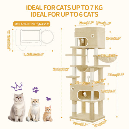 Hzuaneri Multi-Level Cat Tree Tower - Extra-Large Base Kitten Condo with Hidden Space, Vertical Sisal Scratcher Posts, Sturdy 15.4 Lbs Each Steel Tubes, Soft Plush Top Perch, Cozy Hammock, Stain Resistant